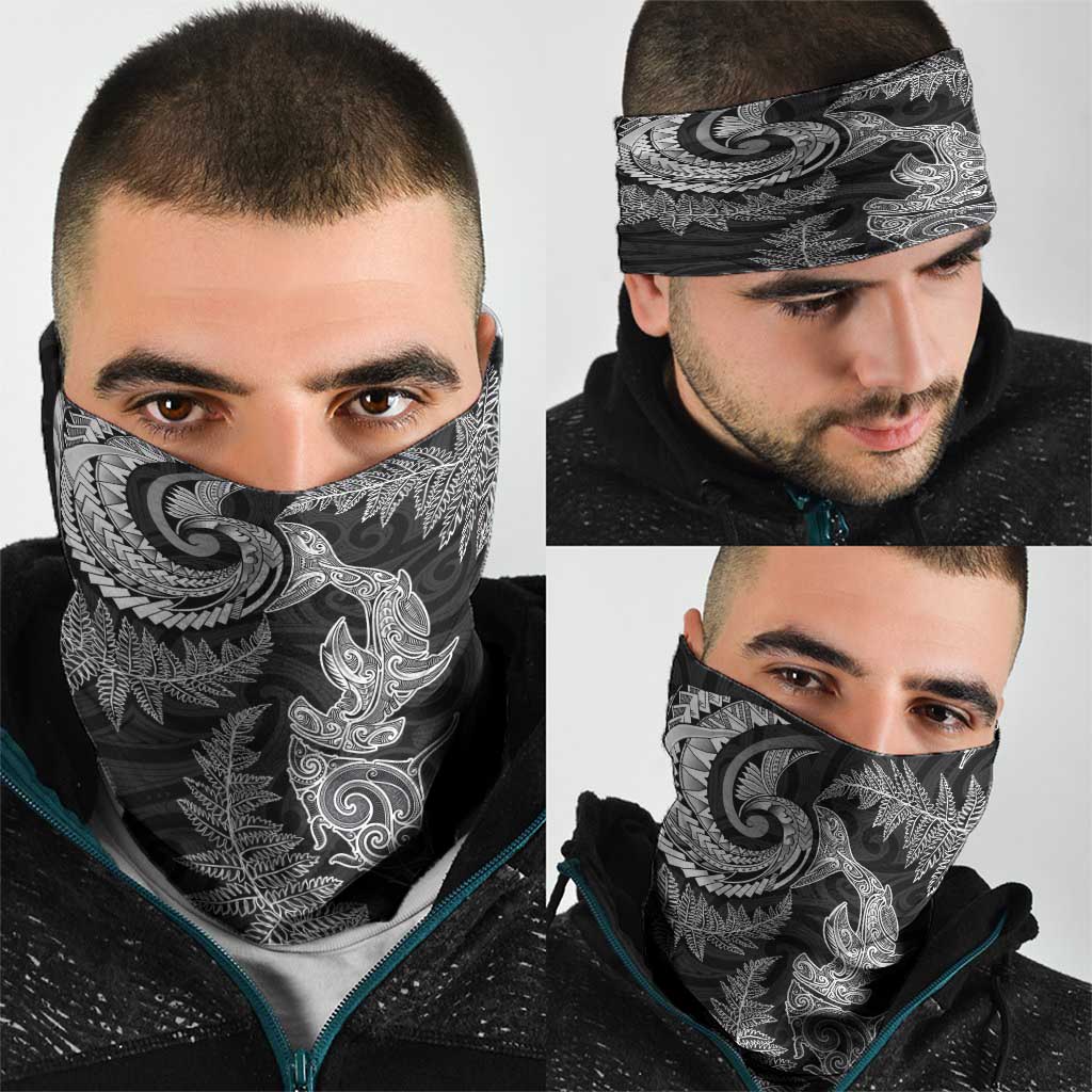 New Zealand Sea Animals with Maori Tribal Tattoo Neck Gaiter Shark Manta Ray with Silver Fern Black