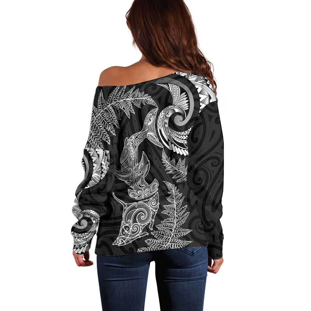 New Zealand Sea Animals with Maori Tribal Tattoo Off Shoulder Sweater Shark Manta Ray with Silver Fern Black