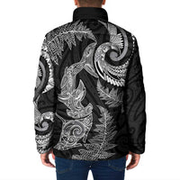 New Zealand Sea Animals with Maori Tribal Tattoo Padded Jacket Shark Manta Ray with Silver Fern Black
