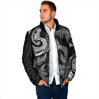 New Zealand Sea Animals with Maori Tribal Tattoo Padded Jacket Shark Manta Ray with Silver Fern Black