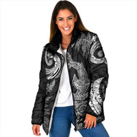 New Zealand Sea Animals with Maori Tribal Tattoo Padded Jacket Shark Manta Ray with Silver Fern Black