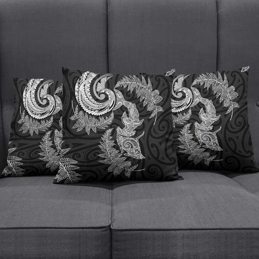 New Zealand Sea Animals with Maori Tribal Tattoo Pillow Cover Shark Manta Ray with Silver Fern Black