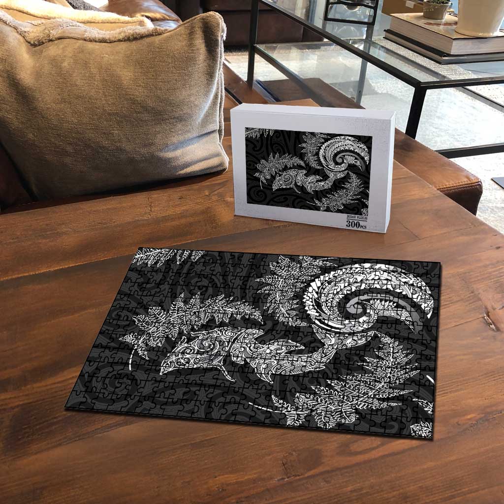 New Zealand Sea Animals with Maori Tribal Tattoo Puzzle Shark Manta Ray with Silver Fern Black