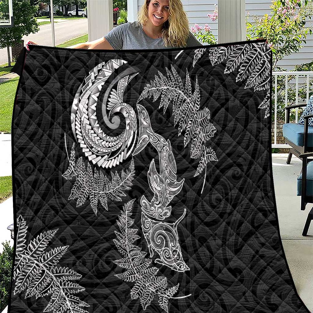 New Zealand Sea Animals with Maori Tribal Tattoo Quilt Shark Manta Ray with Silver Fern Black