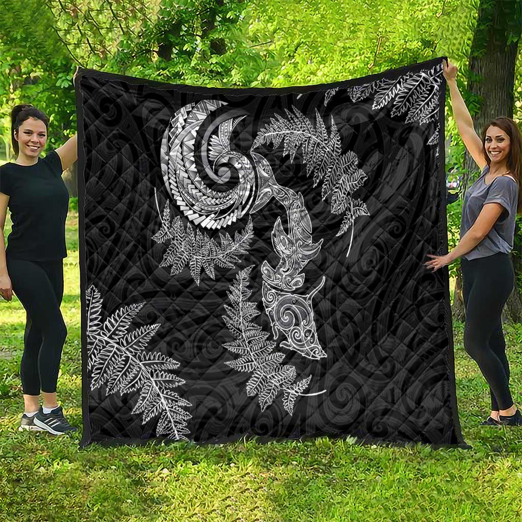 New Zealand Sea Animals with Maori Tribal Tattoo Quilt Shark Manta Ray with Silver Fern Black
