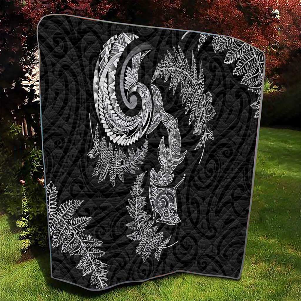 New Zealand Sea Animals with Maori Tribal Tattoo Quilt Shark Manta Ray with Silver Fern Black