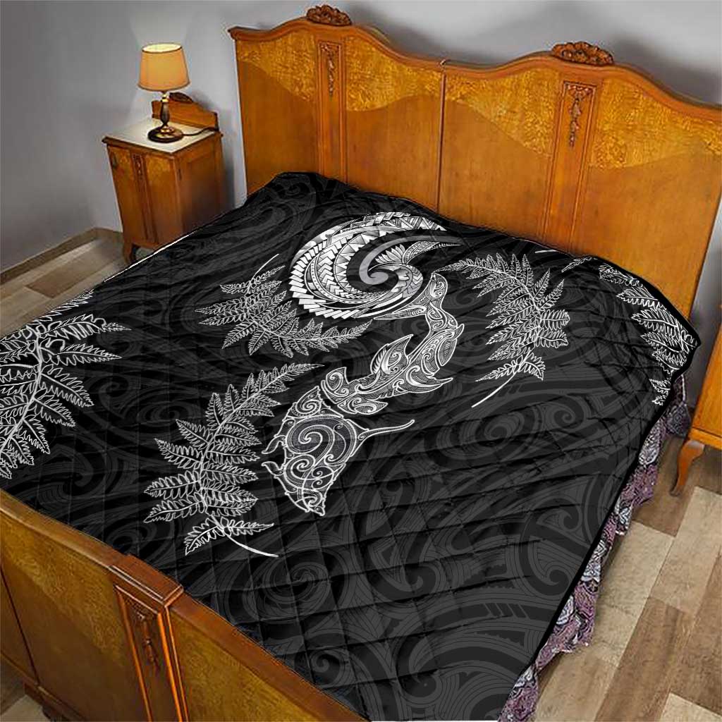 New Zealand Sea Animals with Maori Tribal Tattoo Quilt Shark Manta Ray with Silver Fern Black