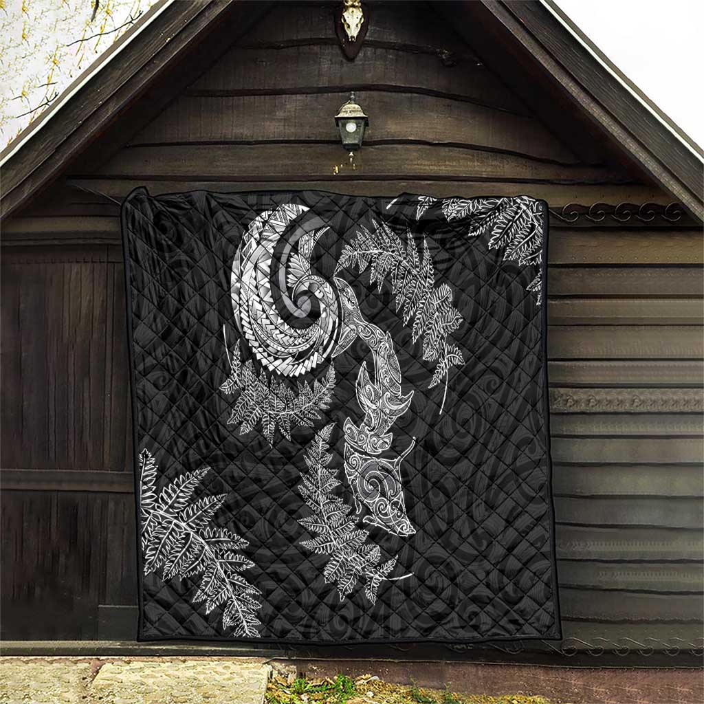 New Zealand Sea Animals with Maori Tribal Tattoo Quilt Shark Manta Ray with Silver Fern Black