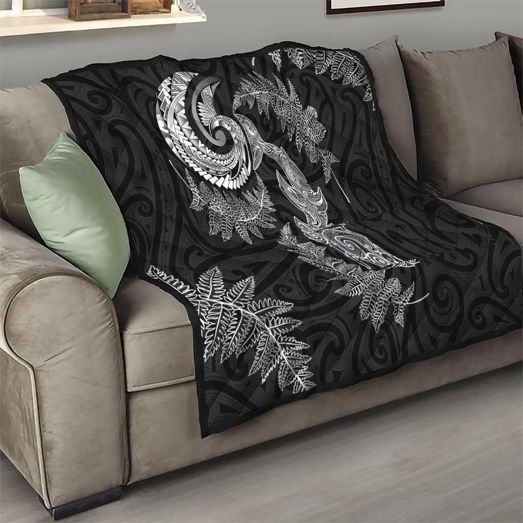 New Zealand Sea Animals with Maori Tribal Tattoo Quilt Shark Manta Ray with Silver Fern Black