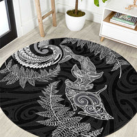 New Zealand Sea Animals with Maori Tribal Tattoo Round Carpet Shark Manta Ray with Silver Fern Black