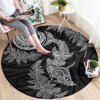 New Zealand Sea Animals with Maori Tribal Tattoo Round Carpet Shark Manta Ray with Silver Fern Black