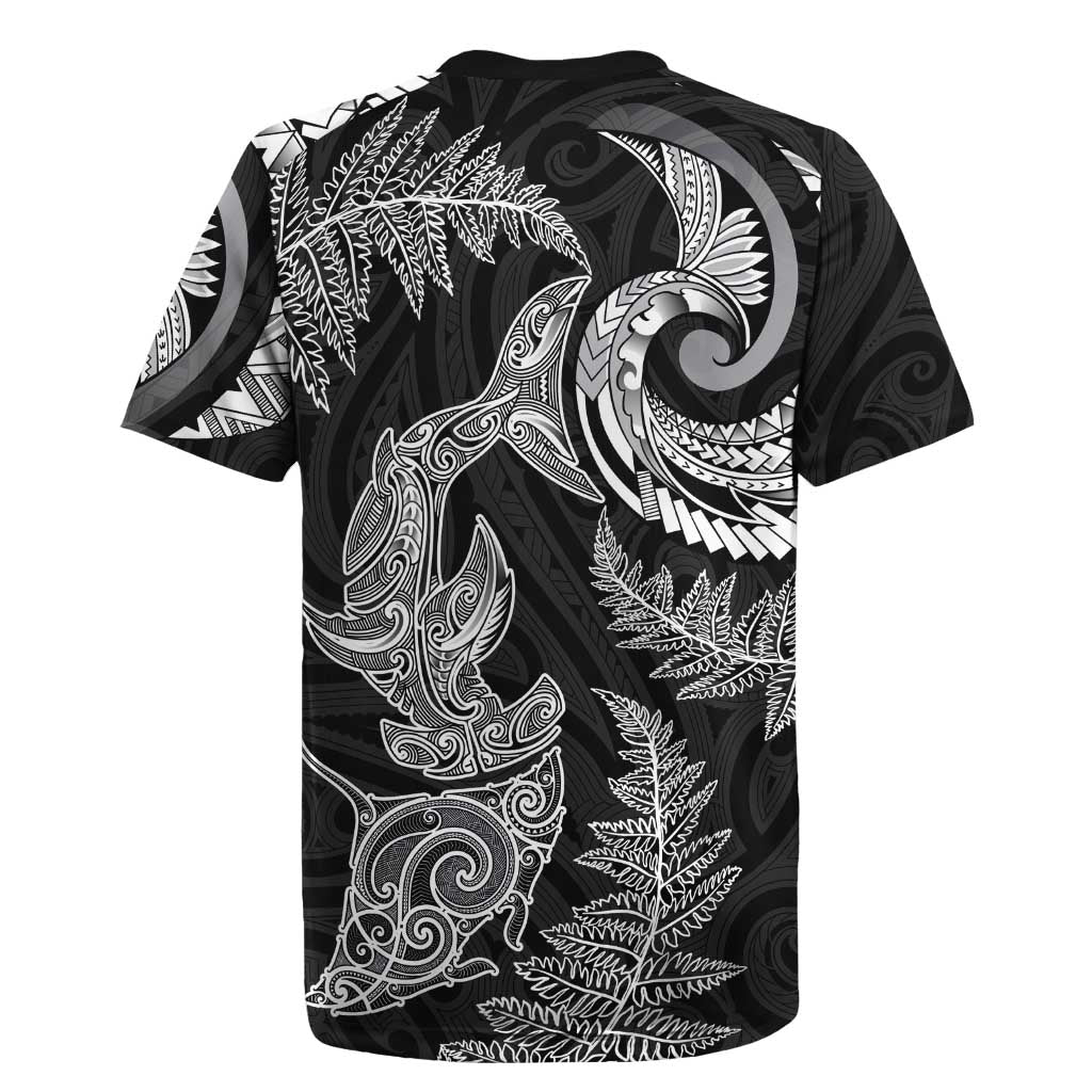 New Zealand Sea Animals with Maori Tribal Tattoo Rugby Jersey Shark Manta Ray with Silver Fern Black