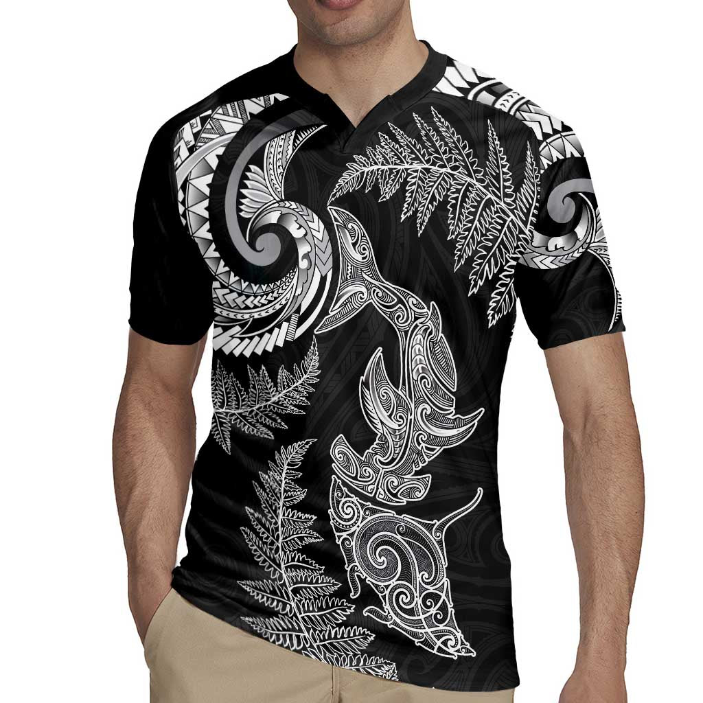New Zealand Sea Animals with Maori Tribal Tattoo Rugby Jersey Shark Manta Ray with Silver Fern Black