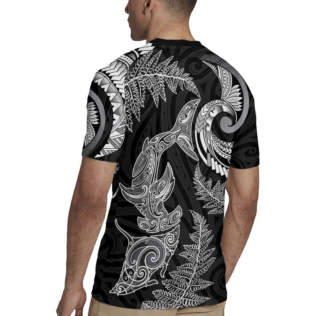 New Zealand Sea Animals with Maori Tribal Tattoo Rugby Jersey Shark Manta Ray with Silver Fern Black