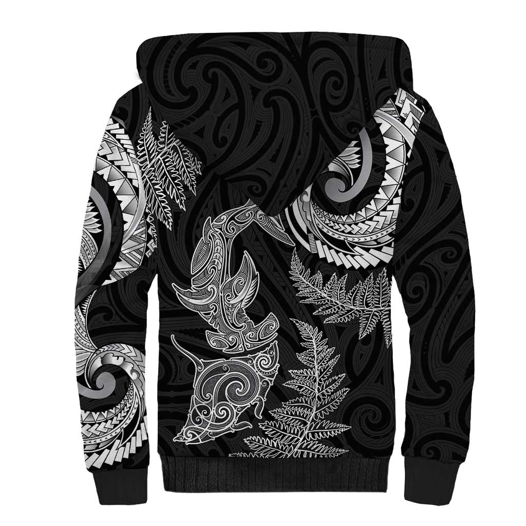 New Zealand Sea Animals with Maori Tribal Tattoo Sherpa Hoodie Shark Manta Ray with Silver Fern Black