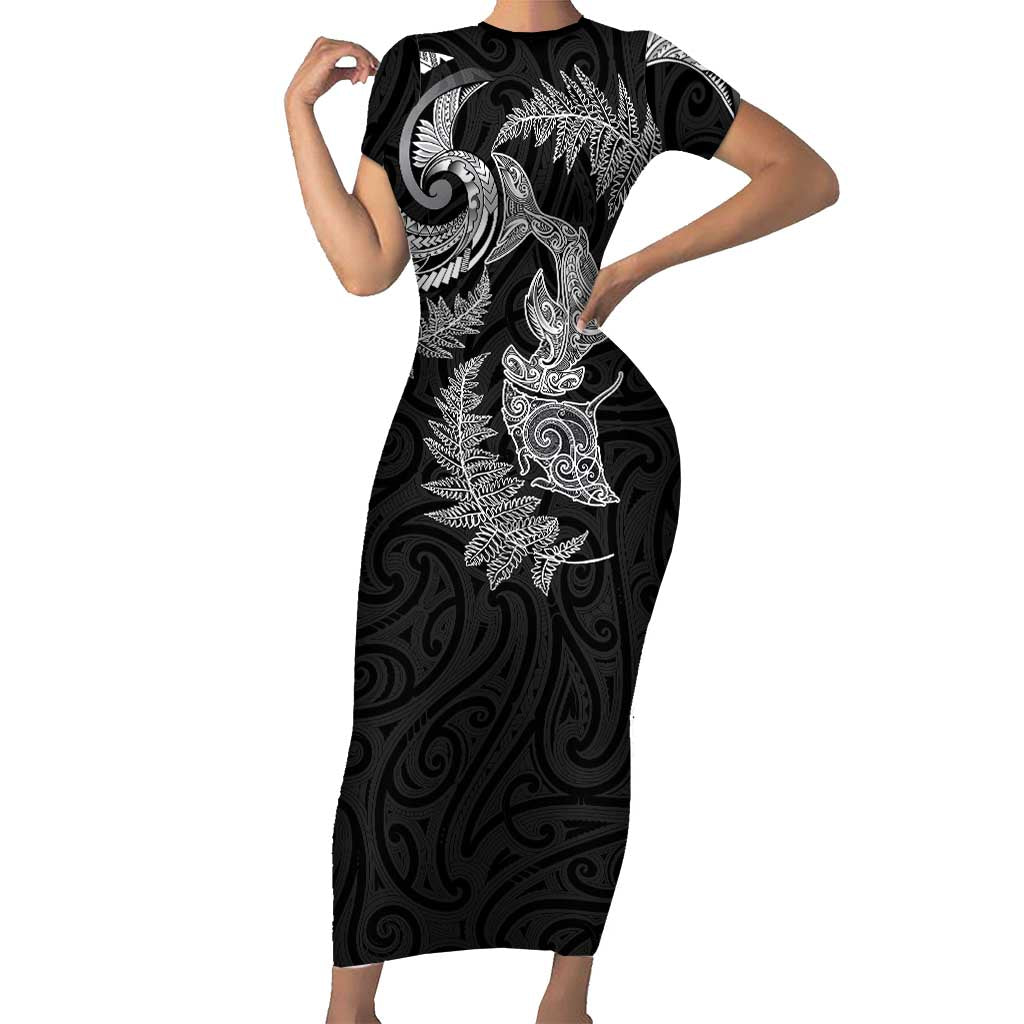 New Zealand Sea Animals with Maori Tribal Tattoo Short Sleeve Bodycon Dress Shark Manta Ray with Silver Fern Black