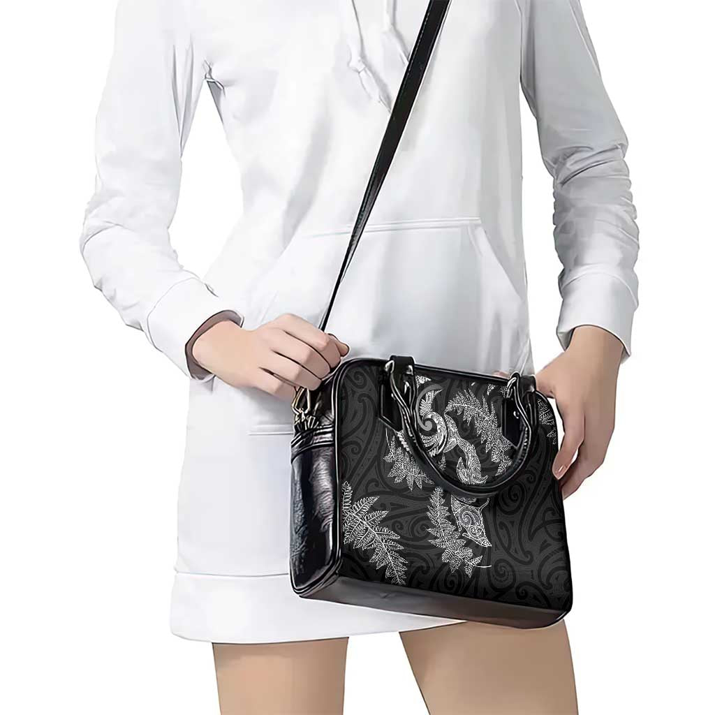 New Zealand Sea Animals with Maori Tribal Tattoo Shoulder Handbag Shark Manta Ray with Silver Fern Black