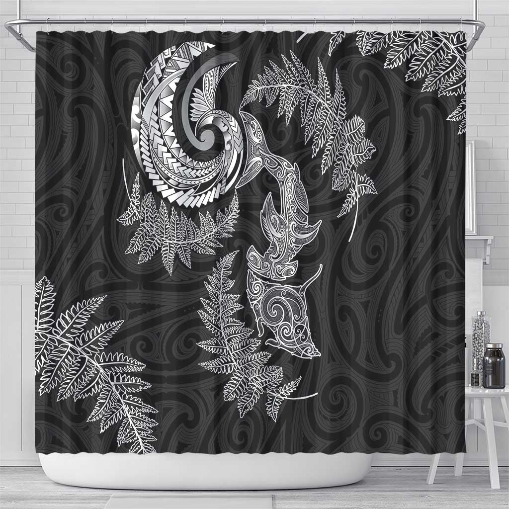 New Zealand Sea Animals with Maori Tribal Tattoo Shower Curtain Shark Manta Ray with Silver Fern Black