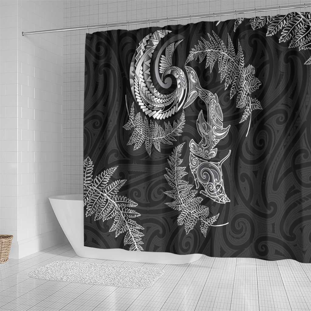 New Zealand Sea Animals with Maori Tribal Tattoo Shower Curtain Shark Manta Ray with Silver Fern Black