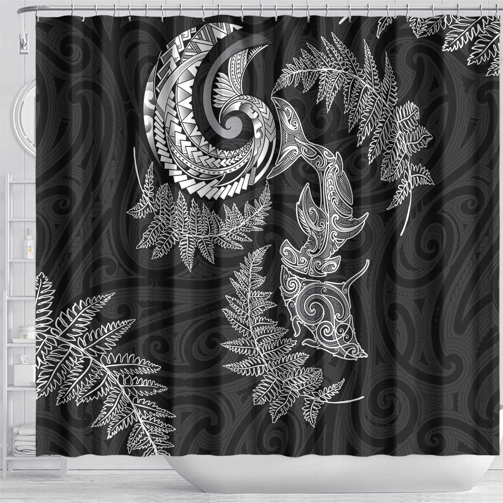 New Zealand Sea Animals with Maori Tribal Tattoo Shower Curtain Shark Manta Ray with Silver Fern Black