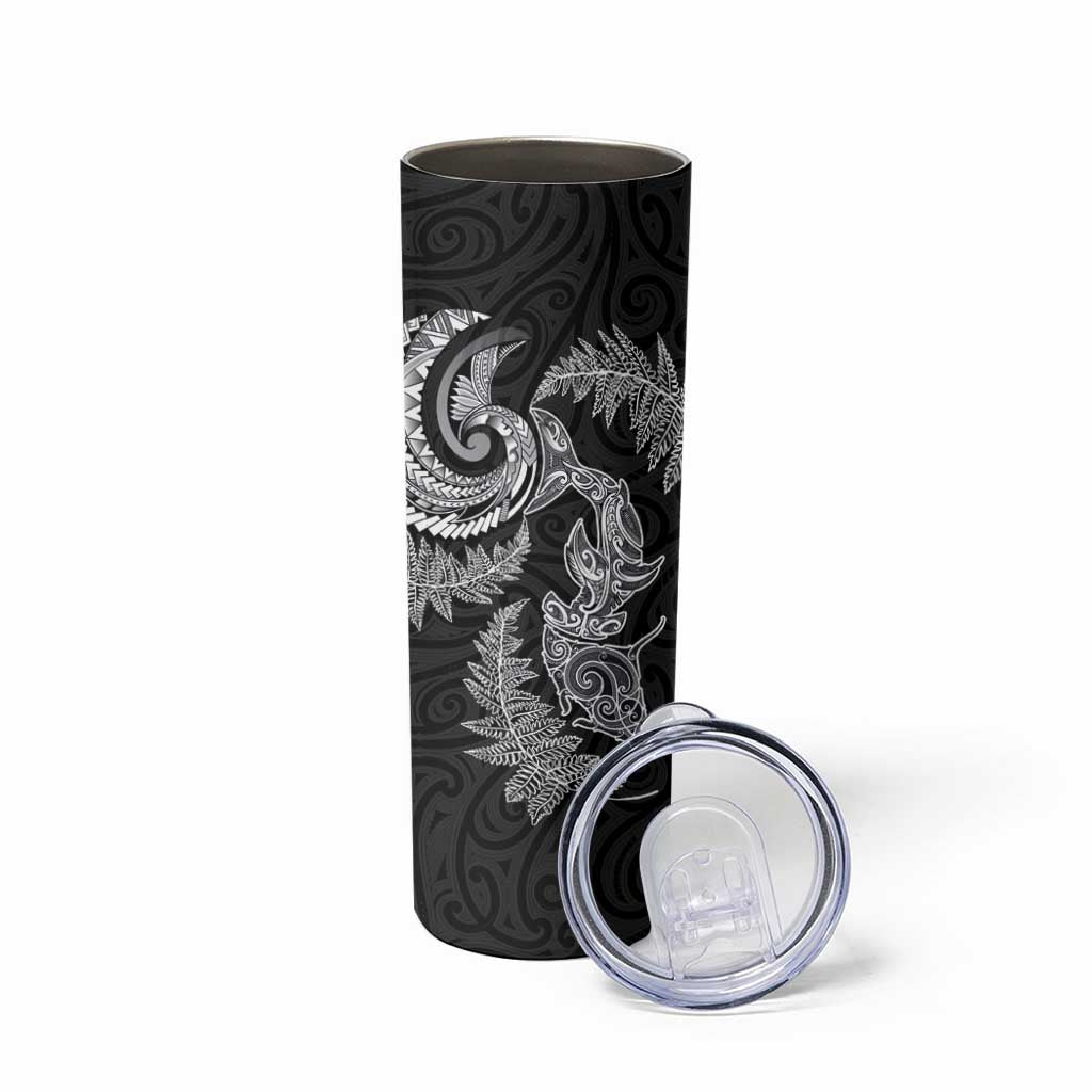 New Zealand Sea Animals with Maori Tribal Tattoo Skinny Tumbler Shark Manta Ray with Silver Fern Black