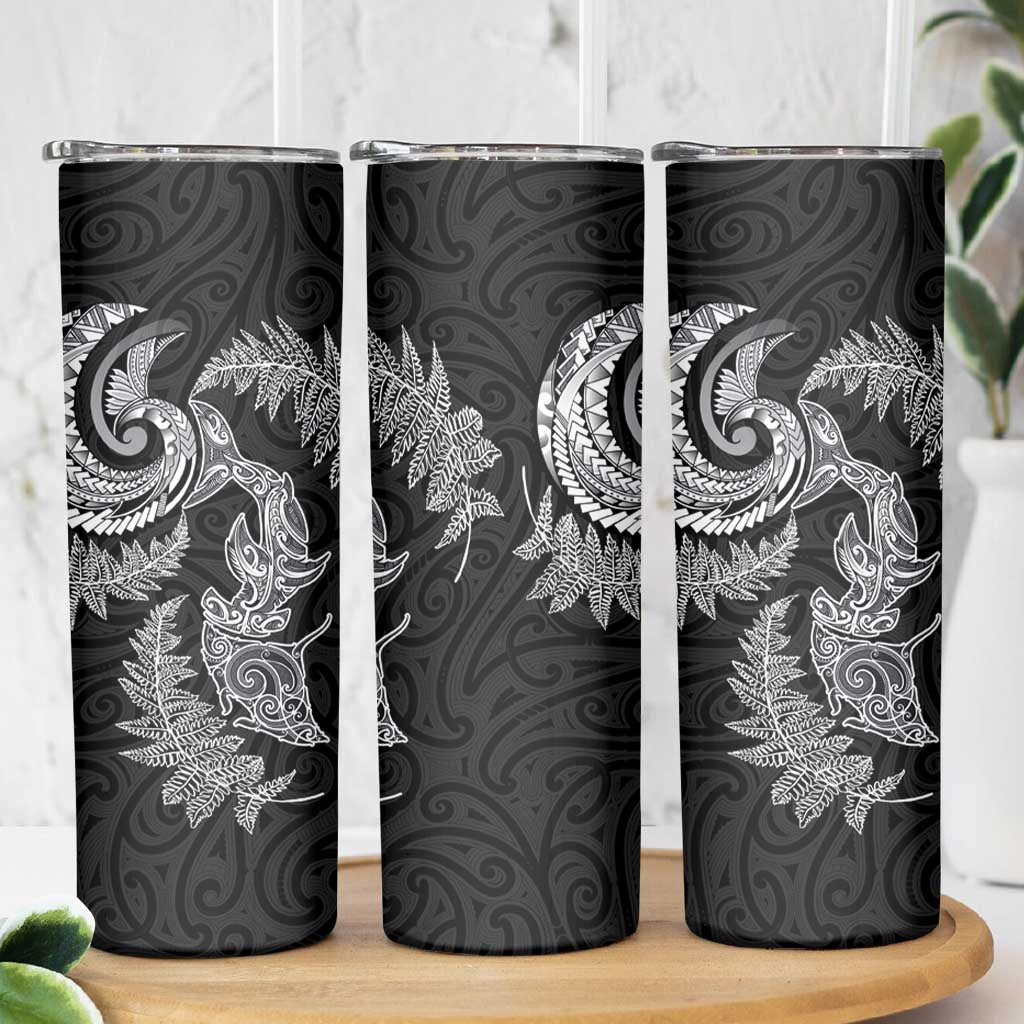 New Zealand Sea Animals with Maori Tribal Tattoo Skinny Tumbler Shark Manta Ray with Silver Fern Black
