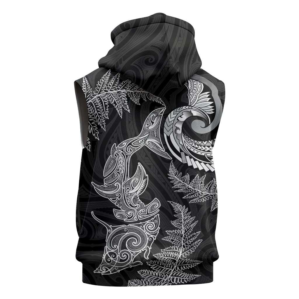 New Zealand Sea Animals with Maori Tribal Tattoo Sleeveless Hoodie Shark Manta Ray with Silver Fern Black