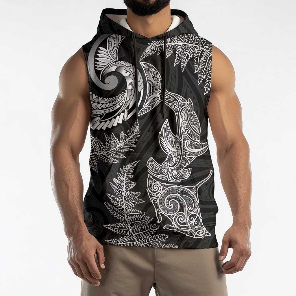 New Zealand Sea Animals with Maori Tribal Tattoo Sleeveless Hoodie Shark Manta Ray with Silver Fern Black
