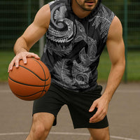 New Zealand Sea Animals with Maori Tribal Tattoo Sleeveless Hoodie Shark Manta Ray with Silver Fern Black