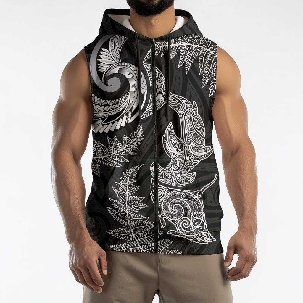 New Zealand Sea Animals with Maori Tribal Tattoo Sleeveless Zip Hoodie Shark Manta Ray with Silver Fern Black