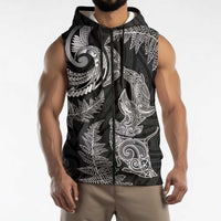 New Zealand Sea Animals with Maori Tribal Tattoo Sleeveless Zip Hoodie Shark Manta Ray with Silver Fern Black