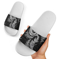 New Zealand Sea Animals with Maori Tribal Tattoo Slide Sandals Shark Manta Ray with Silver Fern Black