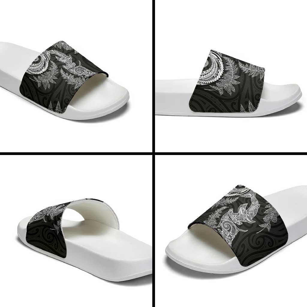 New Zealand Sea Animals with Maori Tribal Tattoo Slide Sandals Shark Manta Ray with Silver Fern Black
