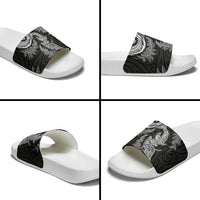 New Zealand Sea Animals with Maori Tribal Tattoo Slide Sandals Shark Manta Ray with Silver Fern Black