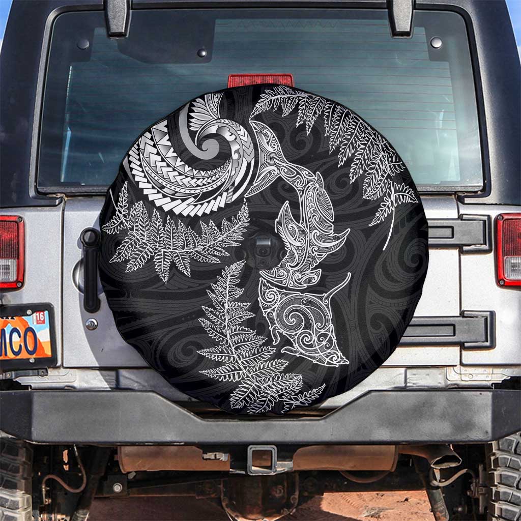 New Zealand Sea Animals with Maori Tribal Tattoo Spare Tire Cover Shark Manta Ray with Silver Fern Black