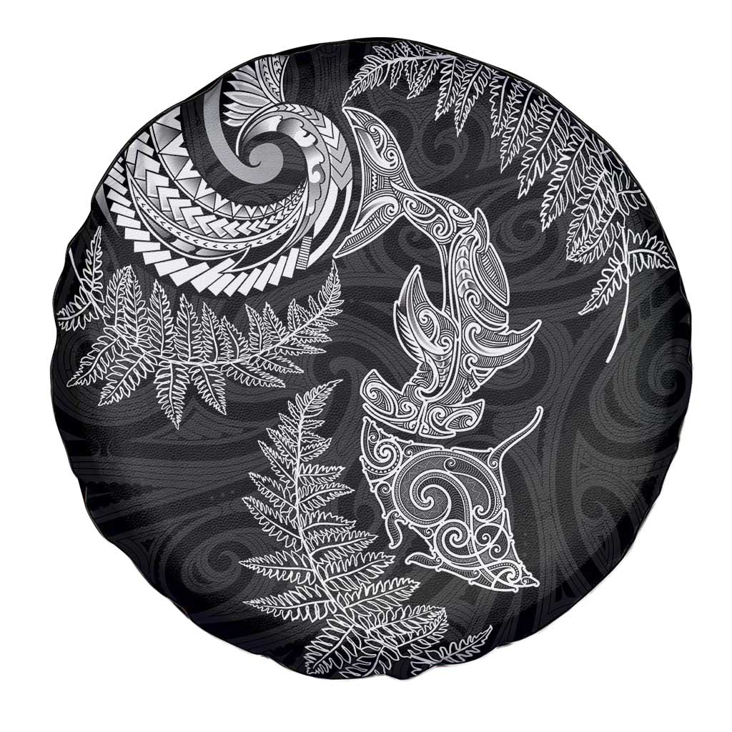 New Zealand Sea Animals with Maori Tribal Tattoo Spare Tire Cover Shark Manta Ray with Silver Fern Black
