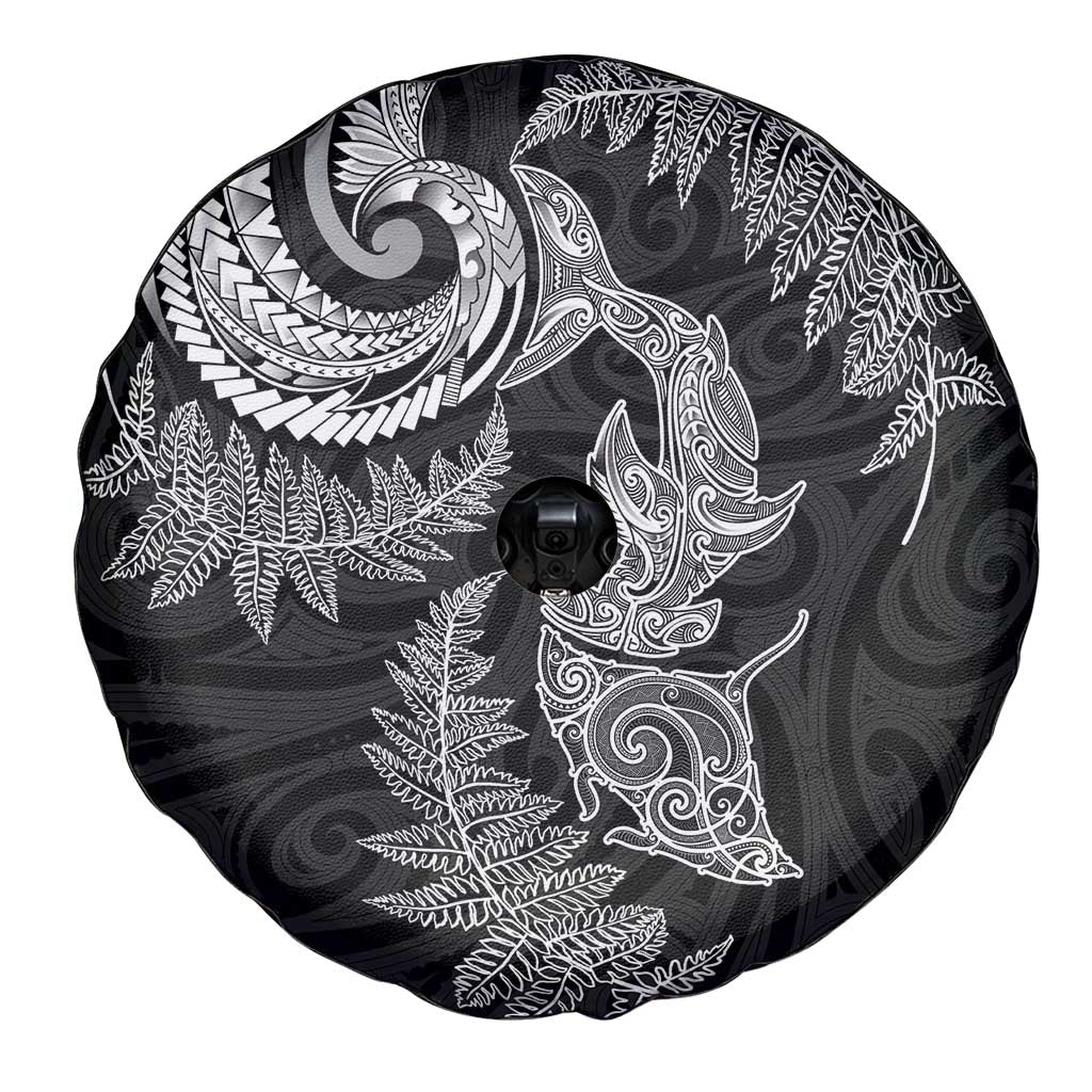 New Zealand Sea Animals with Maori Tribal Tattoo Spare Tire Cover Shark Manta Ray with Silver Fern Black