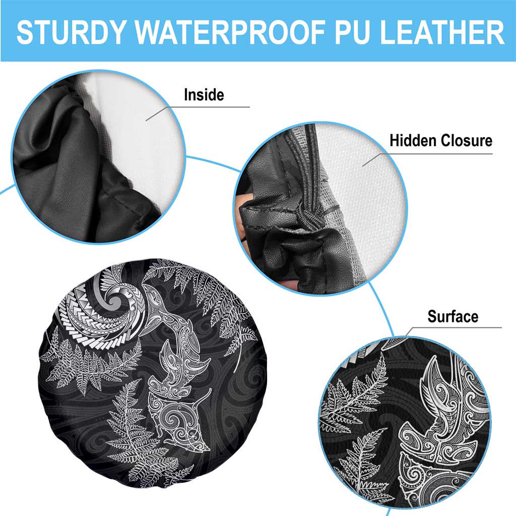 New Zealand Sea Animals with Maori Tribal Tattoo Spare Tire Cover Shark Manta Ray with Silver Fern Black