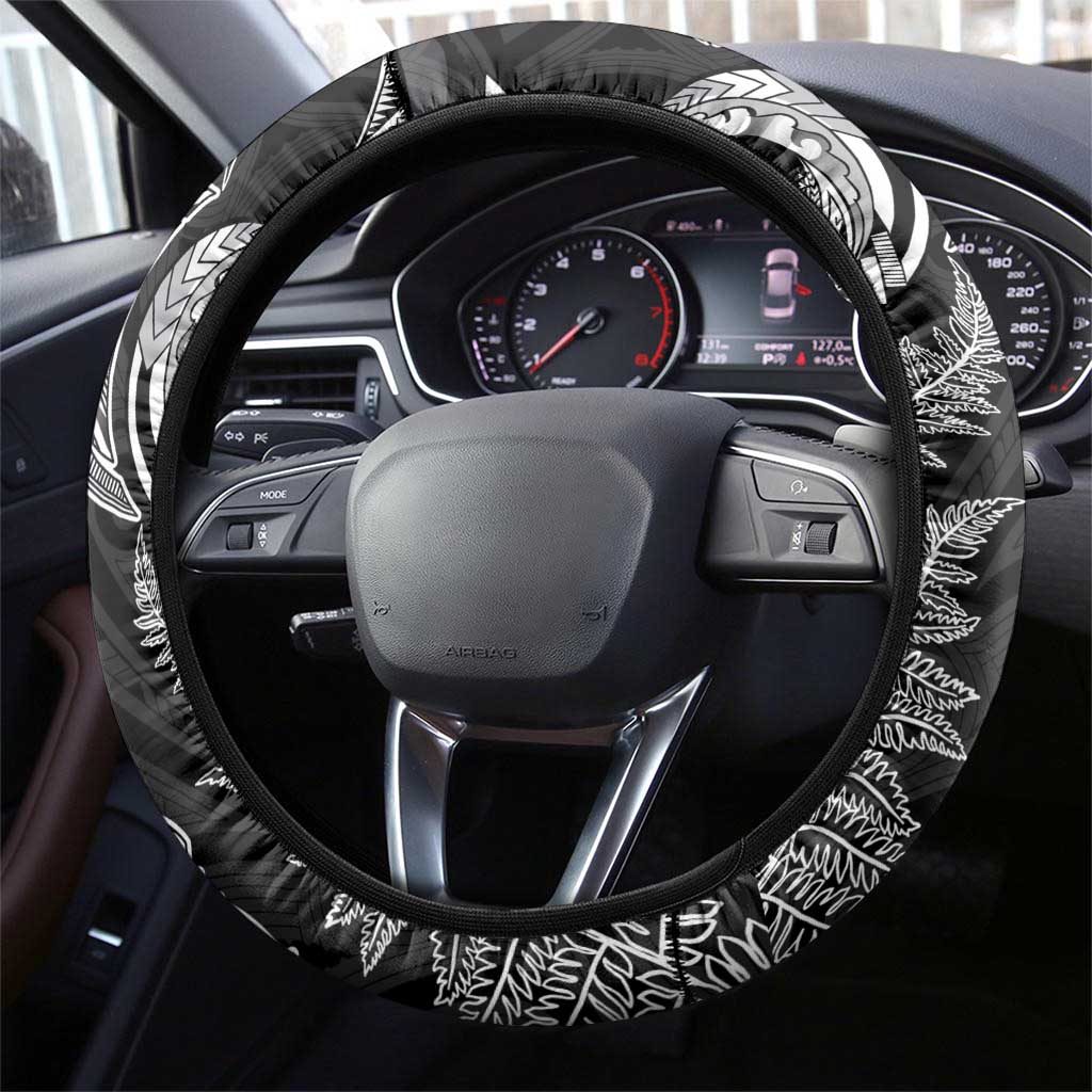 New Zealand Sea Animals with Maori Tribal Tattoo Steering Wheel Cover Shark Manta Ray with Silver Fern Black