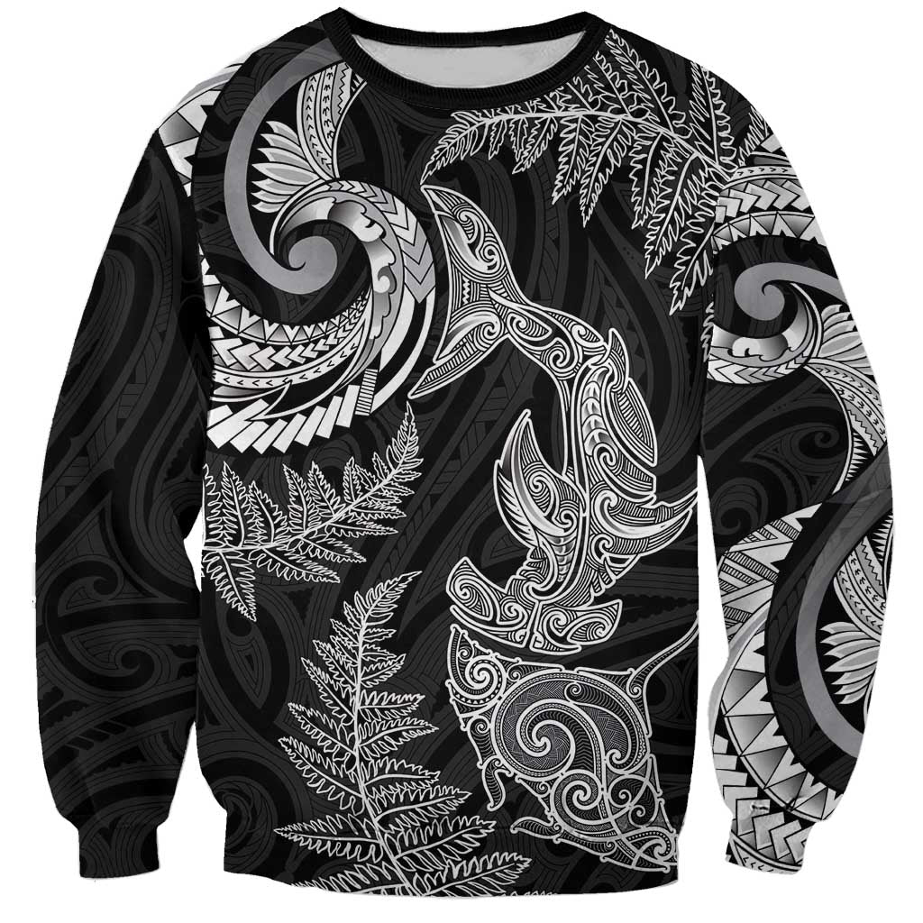 New Zealand Sea Animals with Maori Tribal Tattoo Sweatshirt Shark Manta Ray with Silver Fern Black
