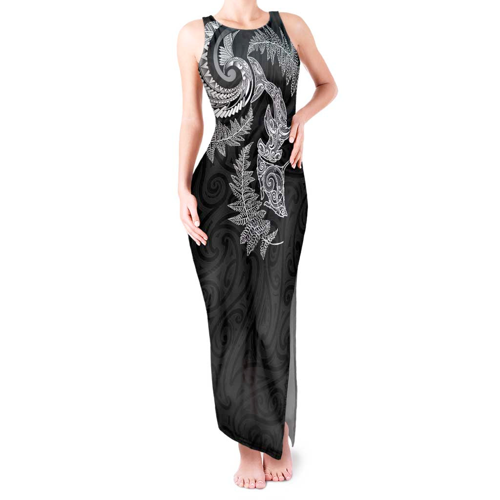 New Zealand Sea Animals with Maori Tribal Tattoo Tank Maxi Dress Shark Manta Ray with Silver Fern Black