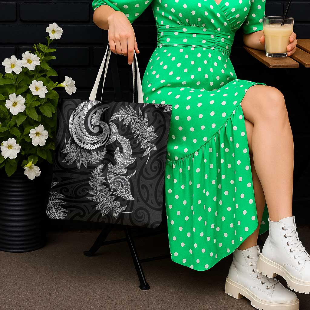 New Zealand Sea Animals with Maori Tribal Tattoo Tote Bag Shark Manta Ray with Silver Fern Black