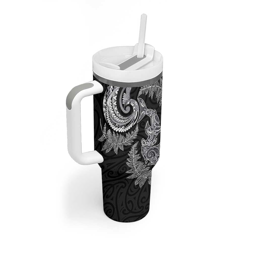 New Zealand Sea Animals with Maori Tribal Tattoo Tumbler With Handle Shark Manta Ray with Silver Fern Black