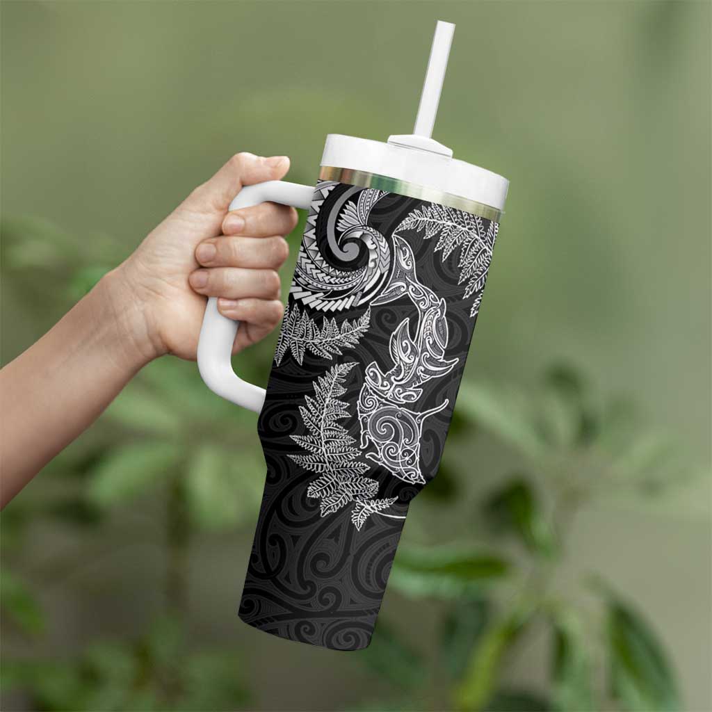 New Zealand Sea Animals with Maori Tribal Tattoo Tumbler With Handle Shark Manta Ray with Silver Fern Black