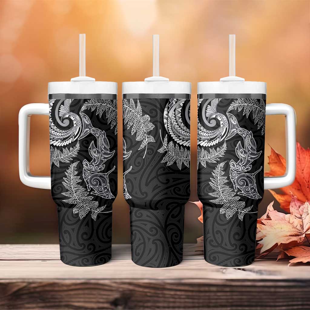 New Zealand Sea Animals with Maori Tribal Tattoo Tumbler With Handle Shark Manta Ray with Silver Fern Black