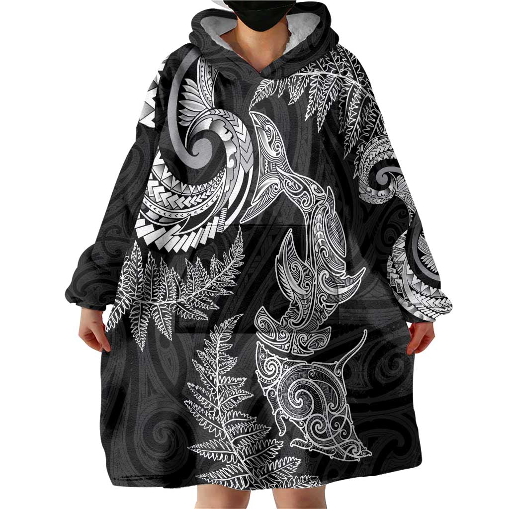 New Zealand Sea Animals with Maori Tribal Tattoo Wearable Blanket Hoodie Shark Manta Ray with Silver Fern Black