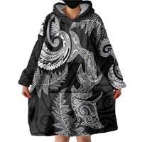 New Zealand Sea Animals with Maori Tribal Tattoo Wearable Blanket Hoodie Shark Manta Ray with Silver Fern Black