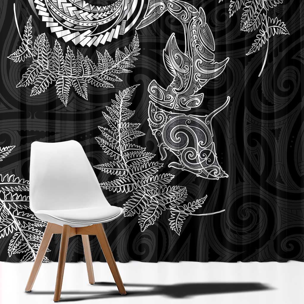 New Zealand Sea Animals with Maori Tribal Tattoo Window Curtain Shark Manta Ray with Silver Fern Black