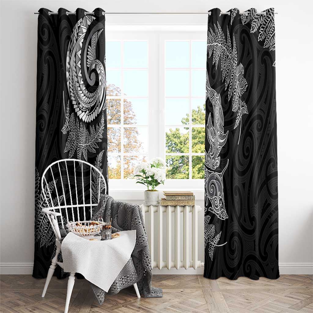 New Zealand Sea Animals with Maori Tribal Tattoo Window Curtain Shark Manta Ray with Silver Fern Black
