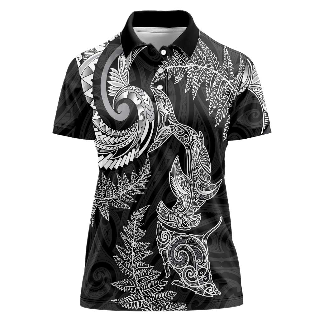 New Zealand Sea Animals with Maori Tribal Tattoo Women Polo Shirt Shark Manta Ray with Silver Fern Black LT03 Female Black - Polynesian Pride